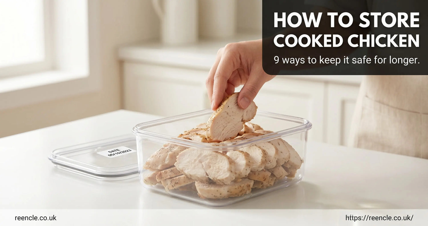 Person's hands placing sliced cooked chicken breast into a clear airtight container with a date label on the lid on a white kitchen counter
