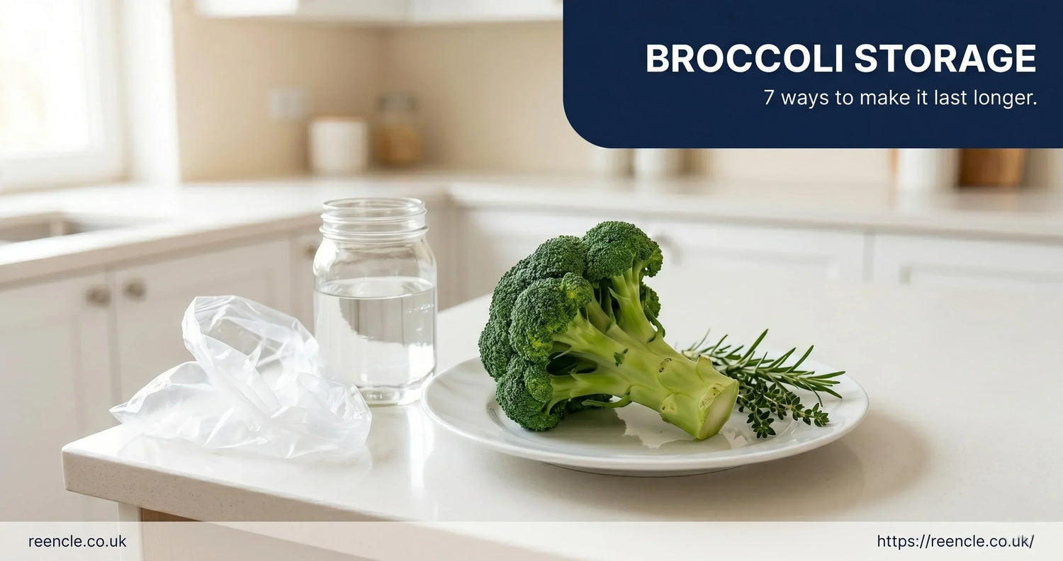 Fresh broccoli head on a bright kitchen counter beside a glass jar of water, with text overlay reading 'Broccoli Storage — 7 ways to make it last longer
