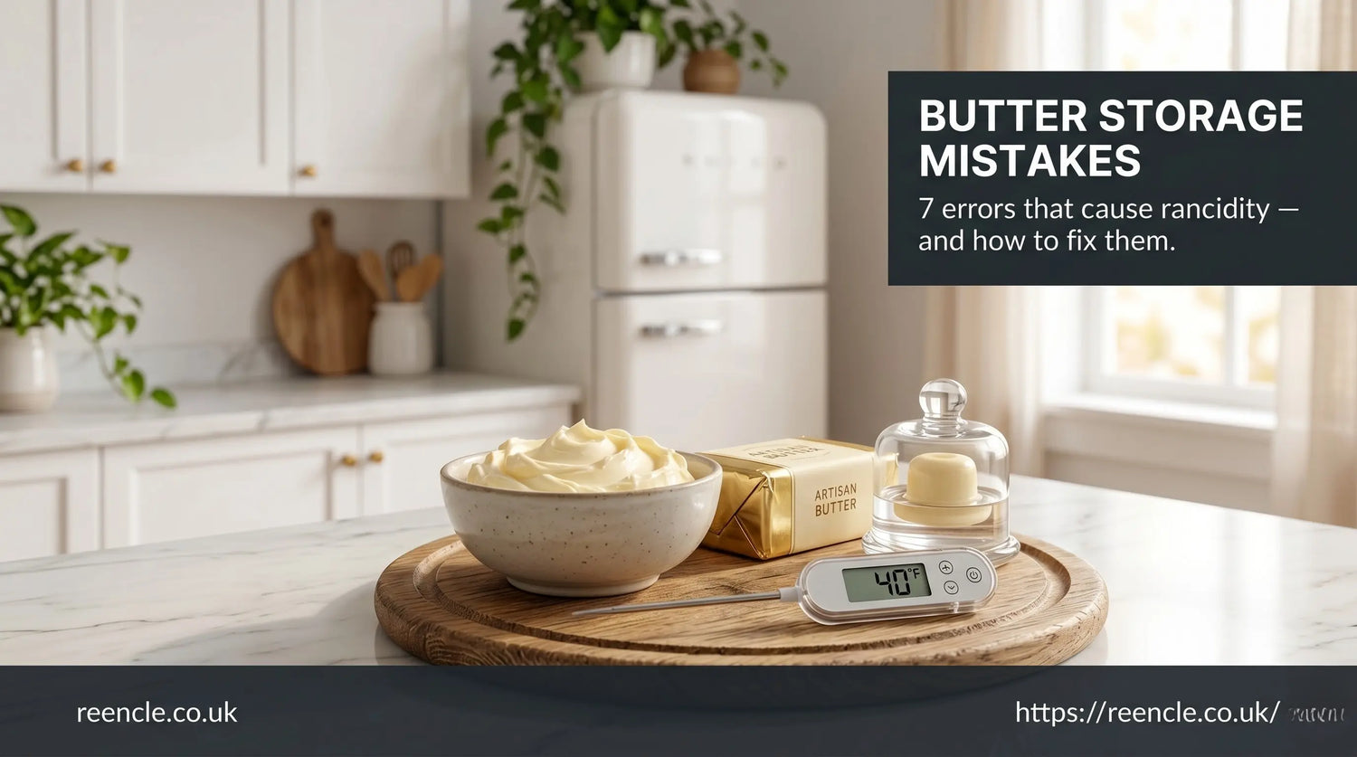 Three methods of butter storage on a kitchen counter: unwrapped, foil-wrapped, and in a sealed glass container