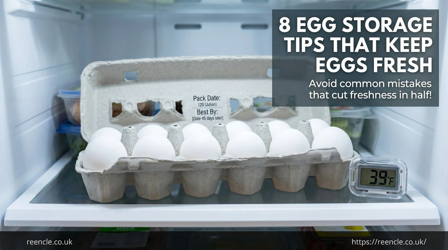 A close-up photograph inside a refrigerator showing a carton of twelve eggs stored with the pointy ends down on the back shelf, a digital thermometer showing 39°F, and clear overlaid text detailing 8 key egg storage tips for freshness and safety.
