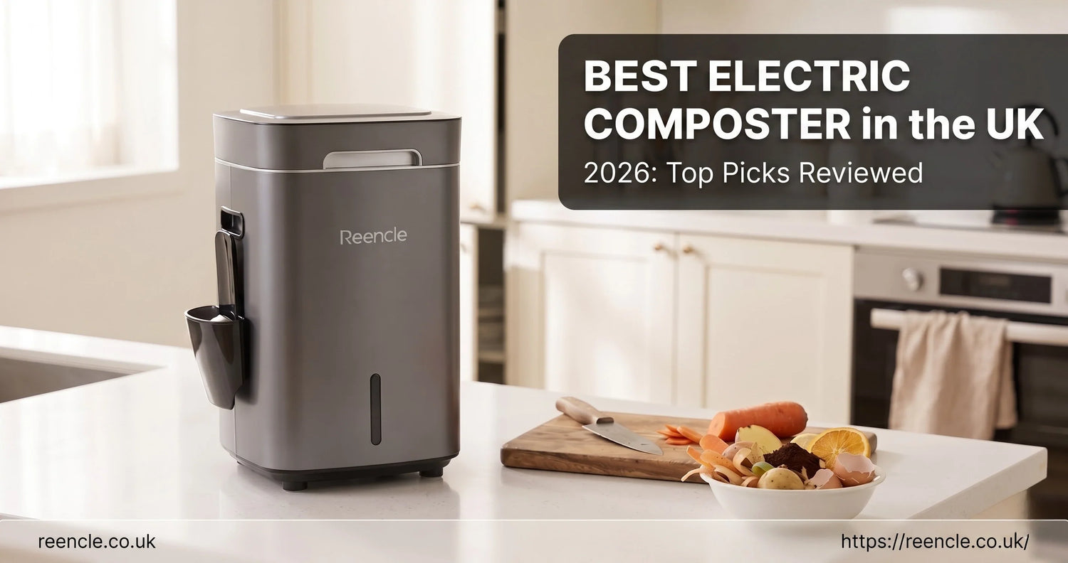 a compact electric composter on a white kitchen worktop next to a chopping board.