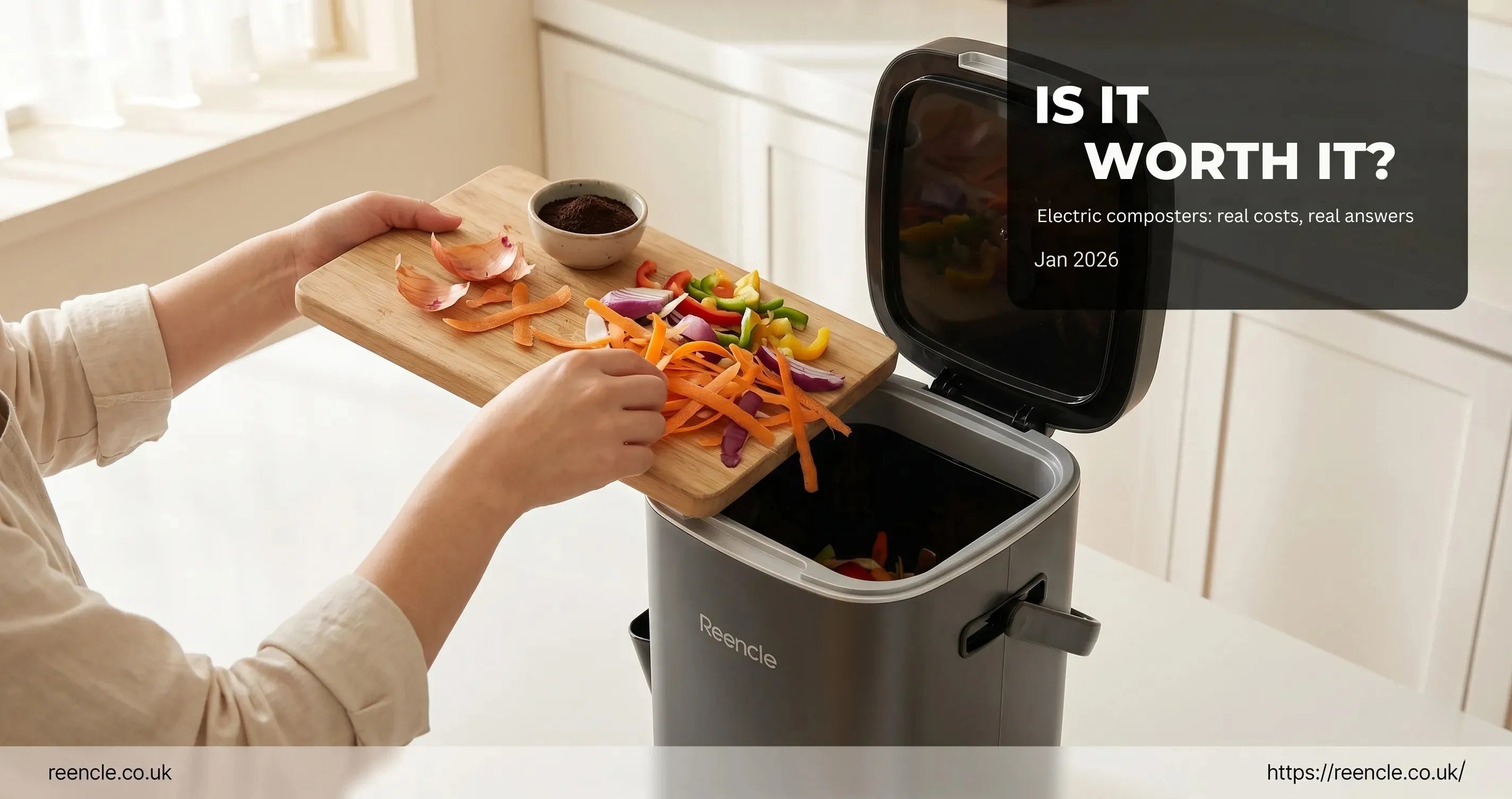 Hands tipping vegetable peelings into a gray electric composter on a kitchen worktop beside a chopping board.