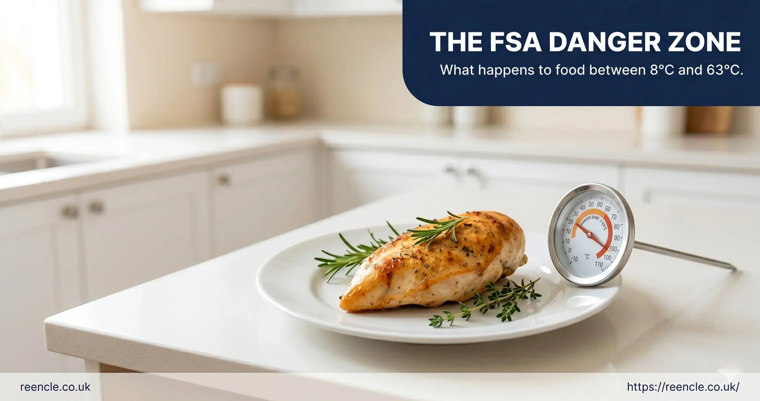 Cooked chicken on a white plate with a kitchen thermometer on a bright kitchen counter, with text overlay reading 'The FSA Danger Zone — What happens to food between 8°C and 63°C.