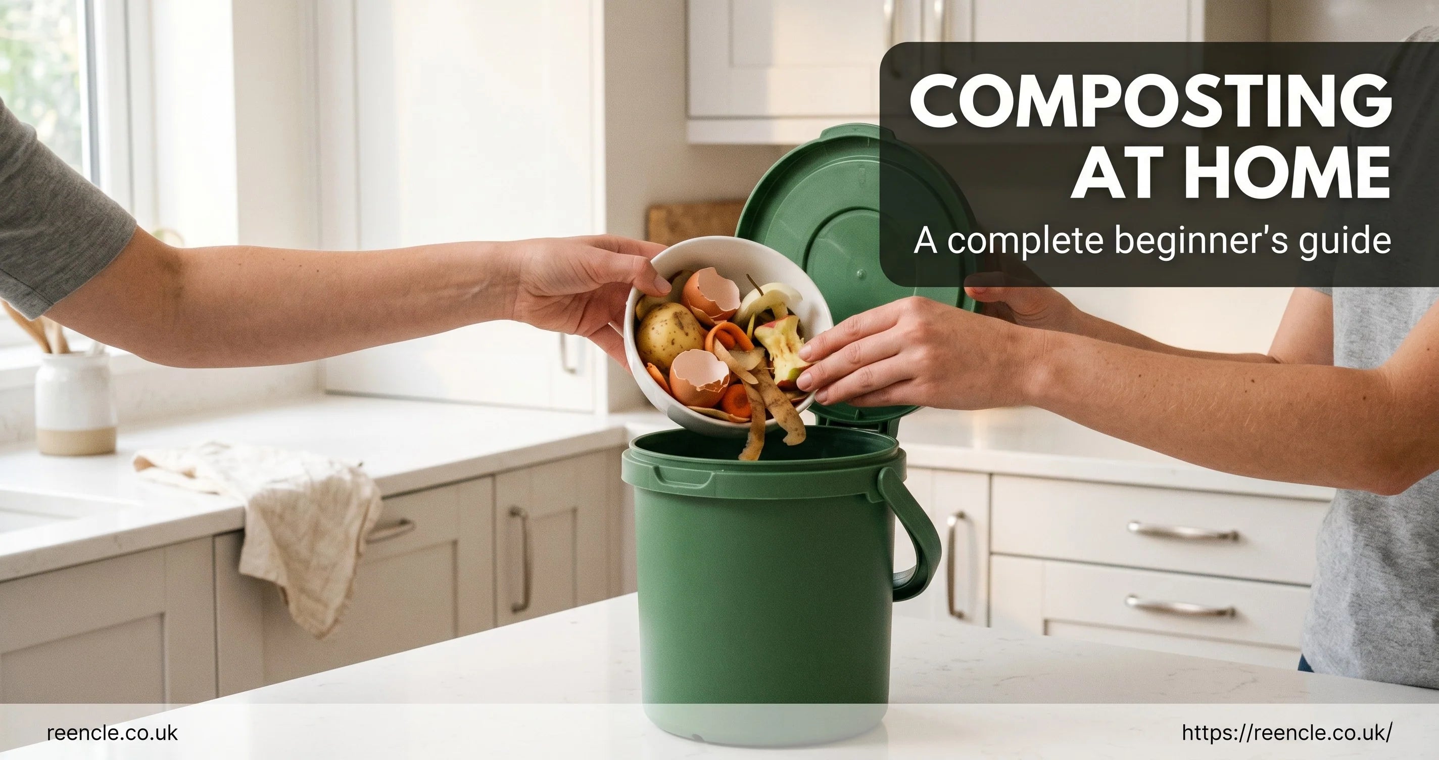 Hands placing vegetable peelings into a green compost bin on a white kitchen counter.