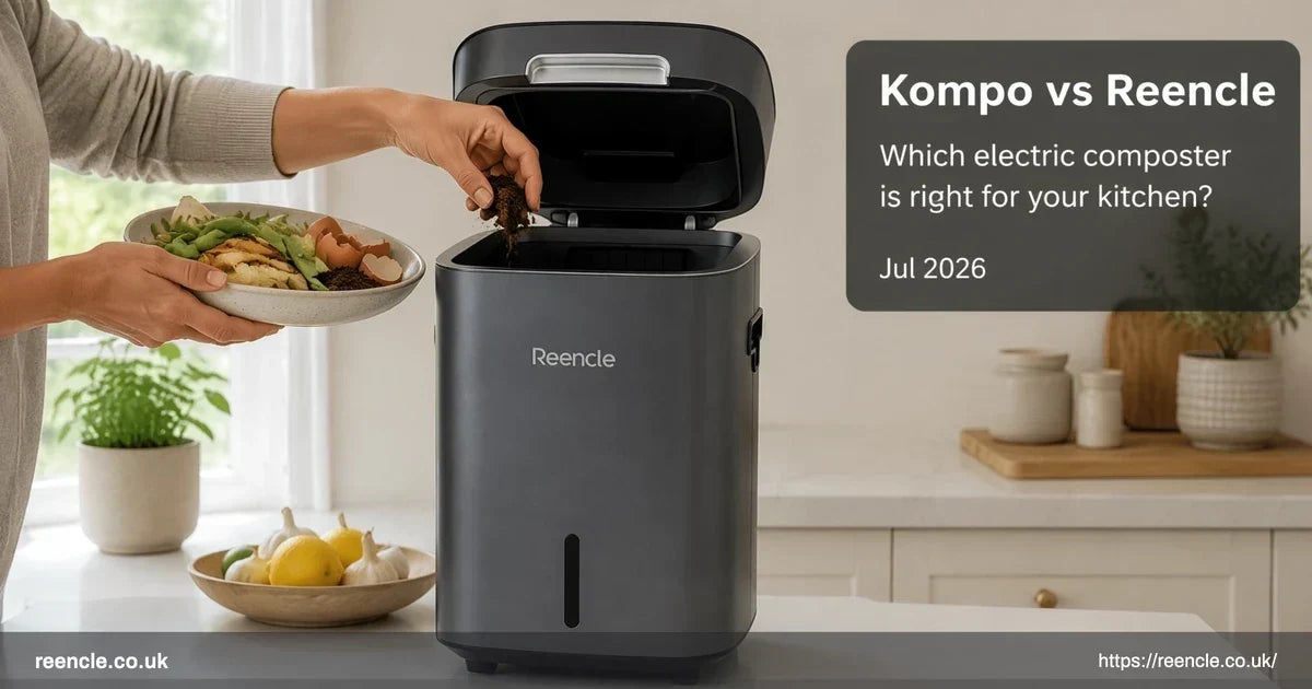 Charcoal grey electric composter on a white kitchen counter with hands adding vegetable scraps to the lid.