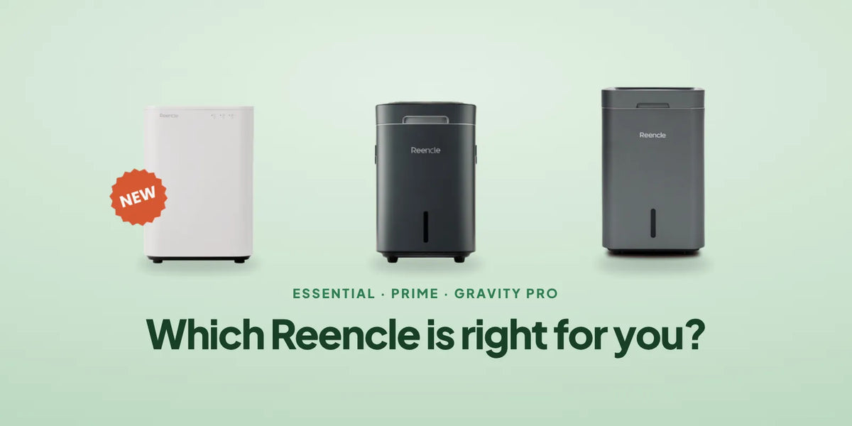 Three Reencle composters side by side on a white kitchen counter showing the Essential, Prime, and Gravity Pro models.