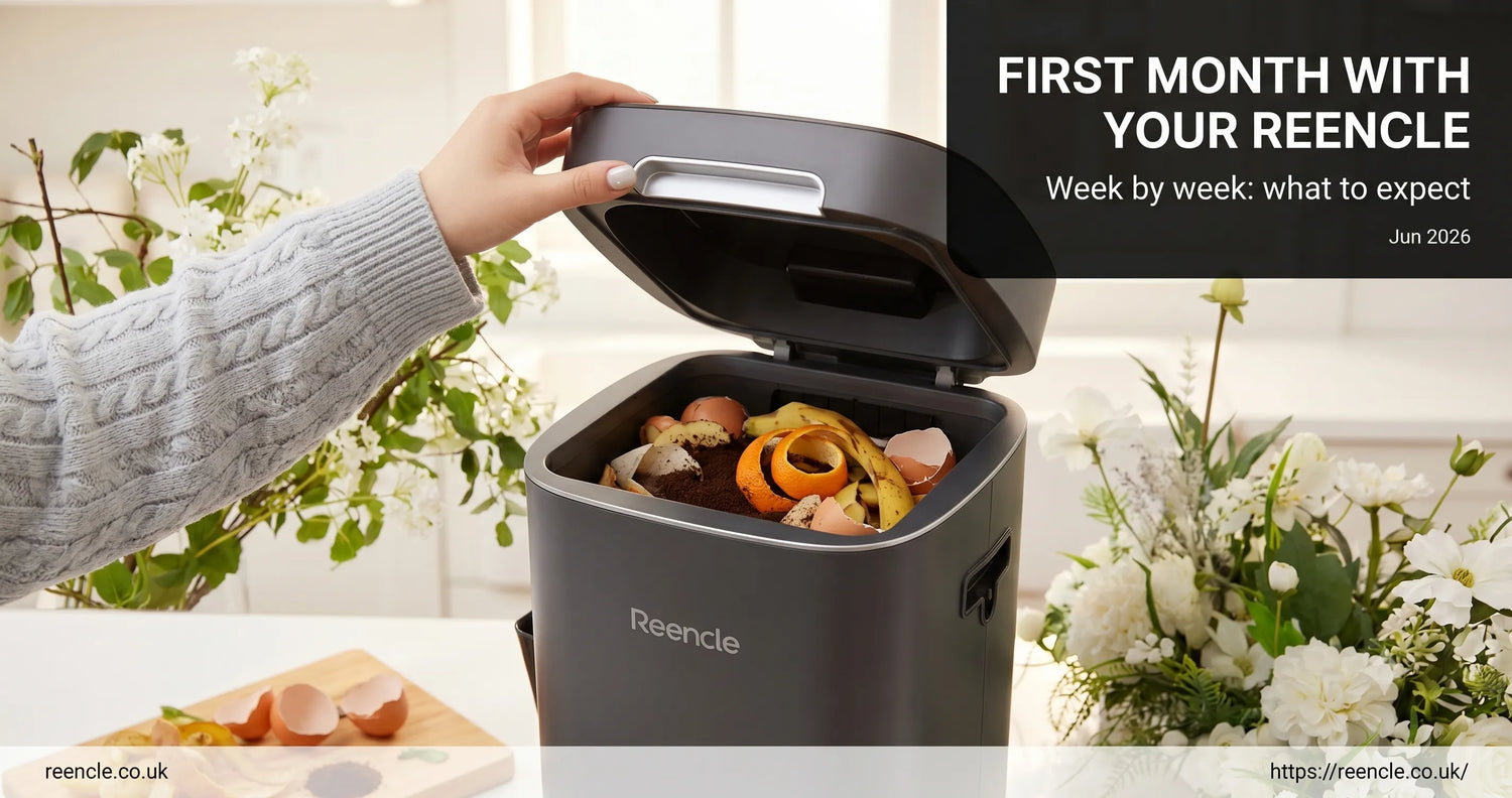 Hands opening the lid of a Reencle electric composter on a white kitchen worktop, with fresh vegetable scraps visible inside.