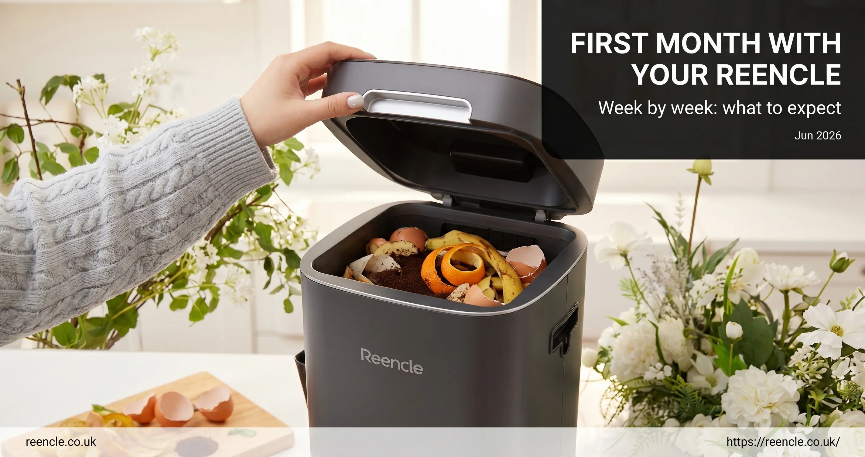 Hands opening the lid of a Reencle electric composter on a white kitchen worktop, with fresh vegetable scraps visible inside.