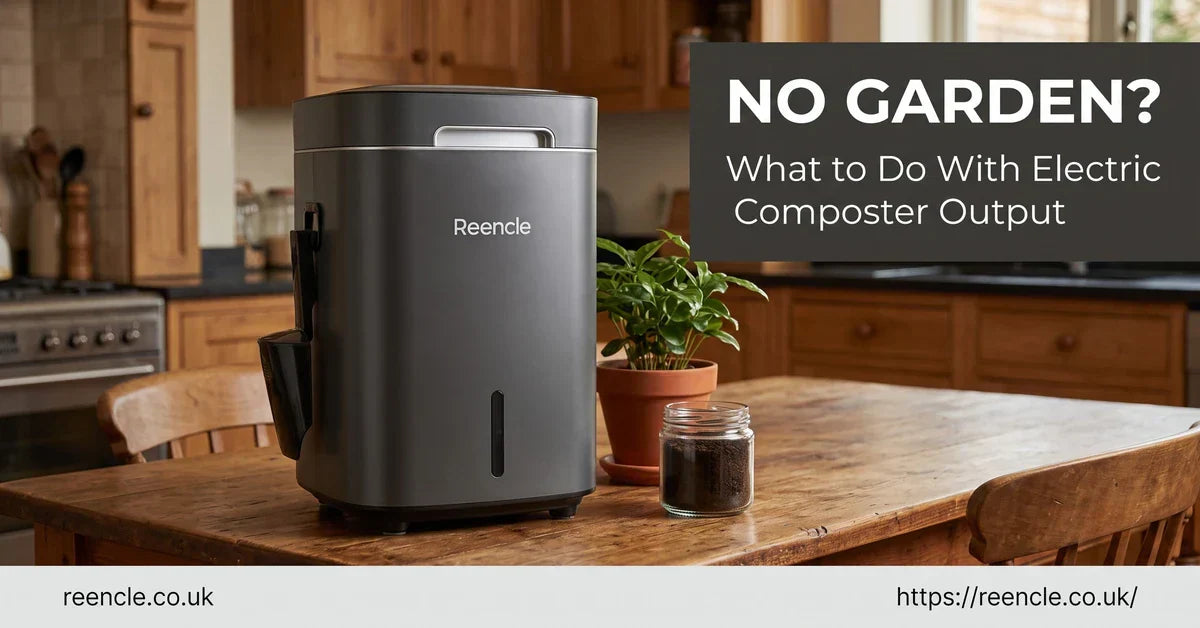 Dark grey Reencle composter on a kitchen worktop with houseplants and cured compost — no-garden output guide
