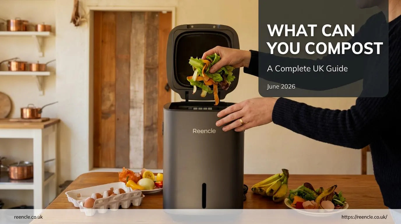 Person adding lettuce and vegetable peelings into an open dark grey Reencle composter on a wooden kitchen table surrounded by eggs, bananas and fresh scraps, with text overlay reading What Can You Compost A Complete UK Guide.