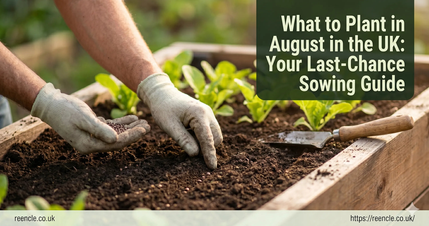 Person's hands pressing seeds into dark soil in a garden bed with kale seedlings and a trowel visible in the background on a bright late-summer day.