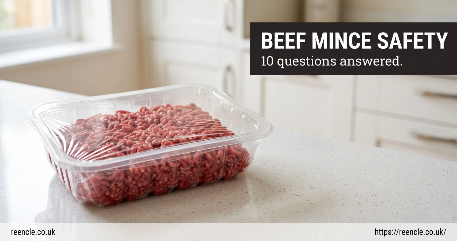 Raw beef mince in a supermarket tray on a bright kitchen counter, with text overlay reading 'Beef Mince Safety — 10 questions answered.