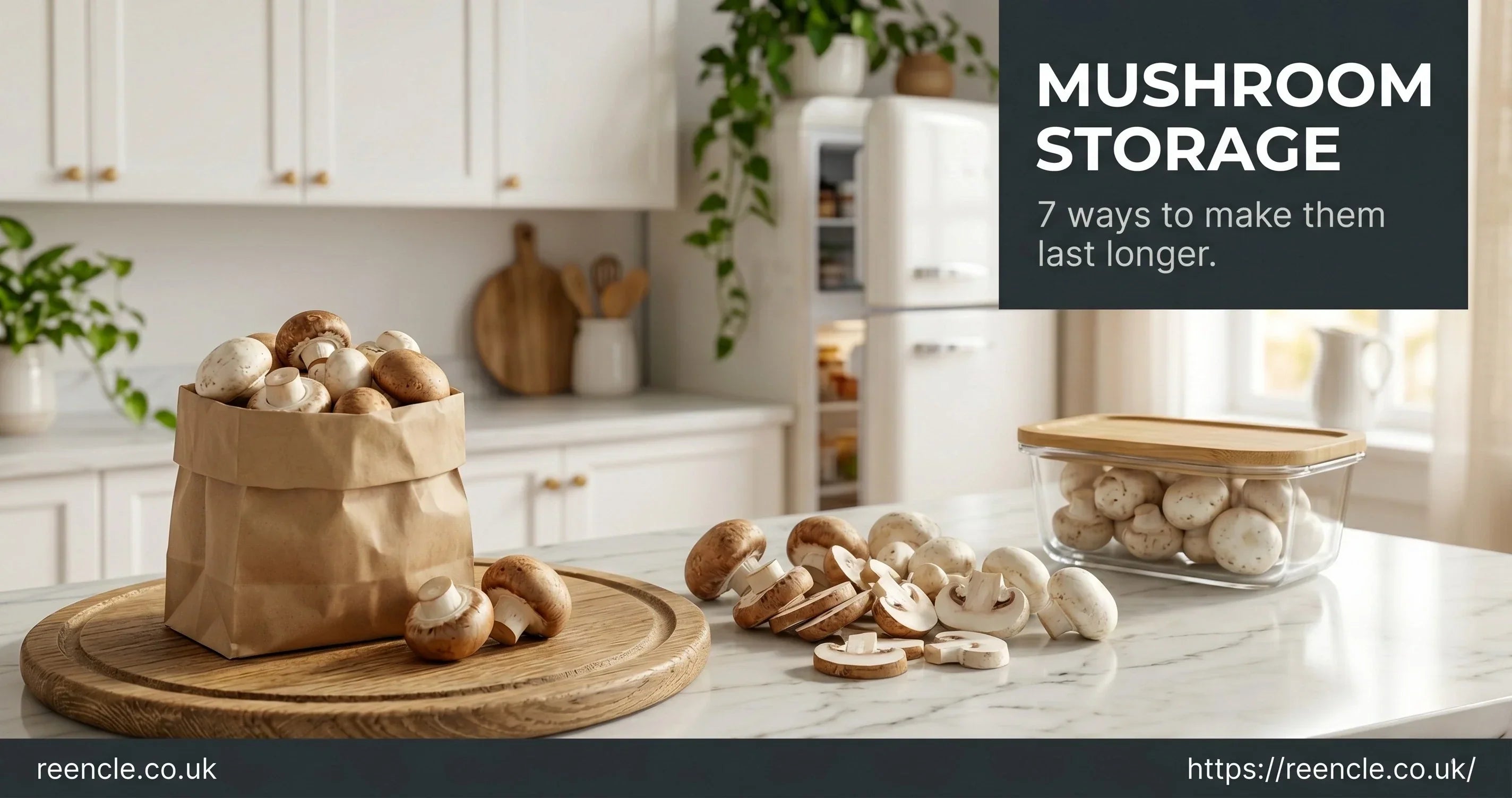 Fresh mushrooms on a wooden board next to a paper bag and glass container, with an open refrigerator in the background — illustrating proper mushroom storage methods.