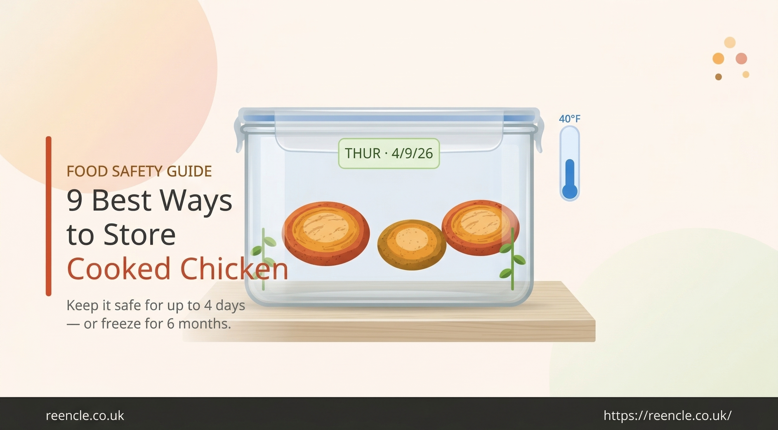 An illustrated guide showing cooked chicken stored in an airtight glass container with a date label, a refrigerator thermometer set to 40°F, and the headline "9 Best Ways to Store Cooked Chicken.