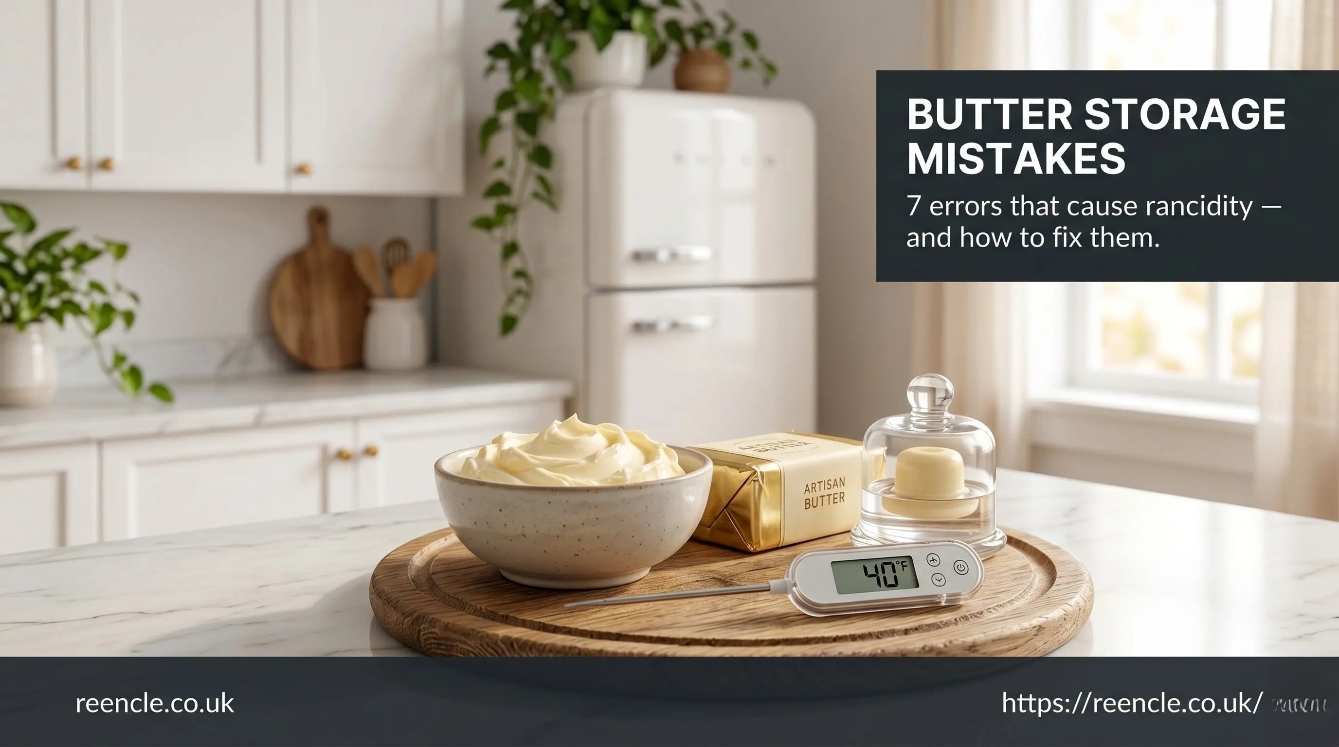 Three methods of butter storage on a kitchen counter: unwrapped, foil-wrapped, and in a sealed glass container