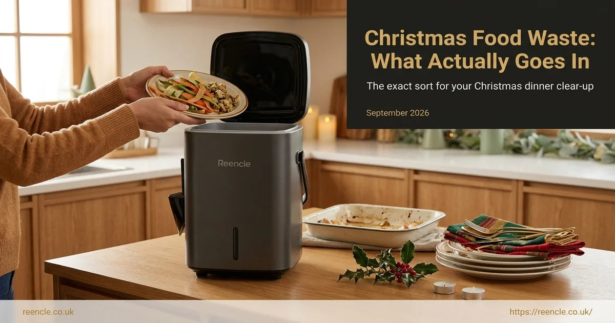 Hands scraping Christmas dinner scraps into a dark grey Reencle composter on a kitchen worktop after the meal.