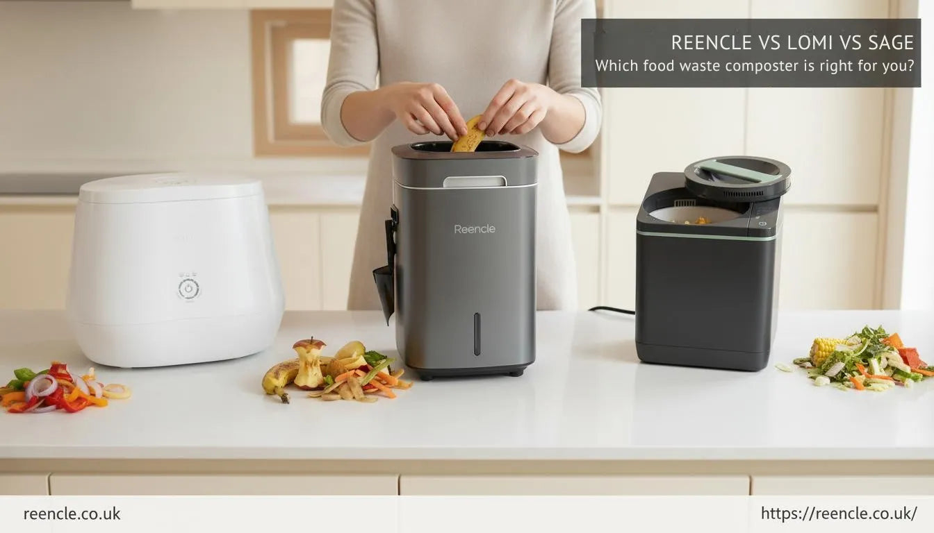 Three electric kitchen composters on a white worktop with food scraps beside them in a bright modern kitchen.