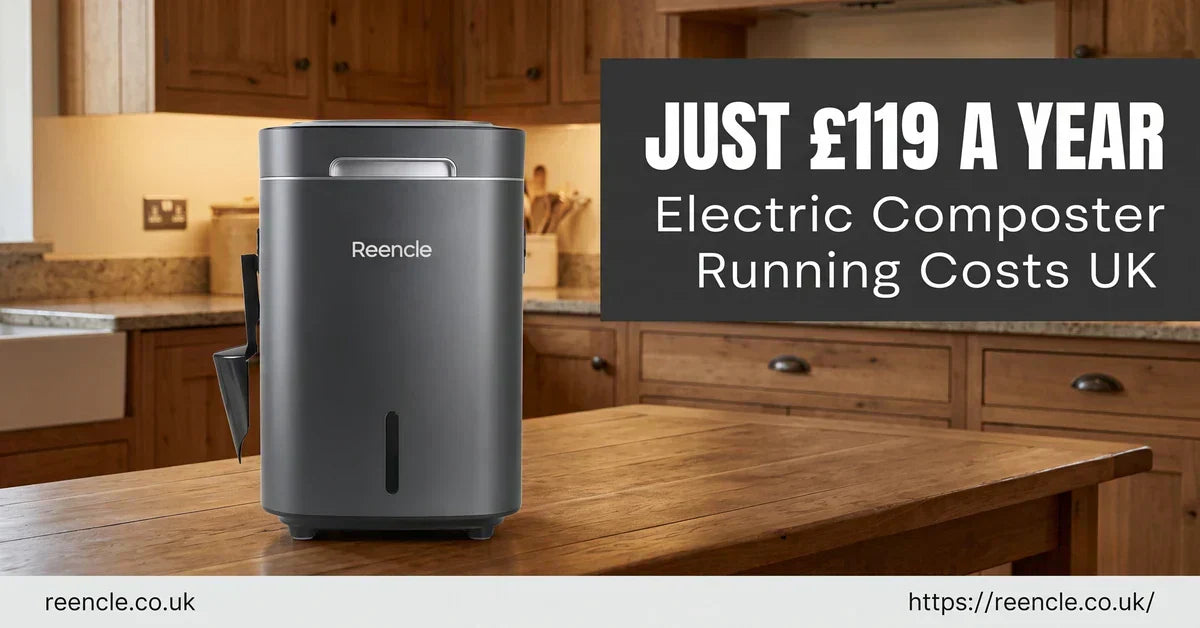 Reencle electric composter on a UK kitchen worktop with energy cost overlay — £119/year running cost