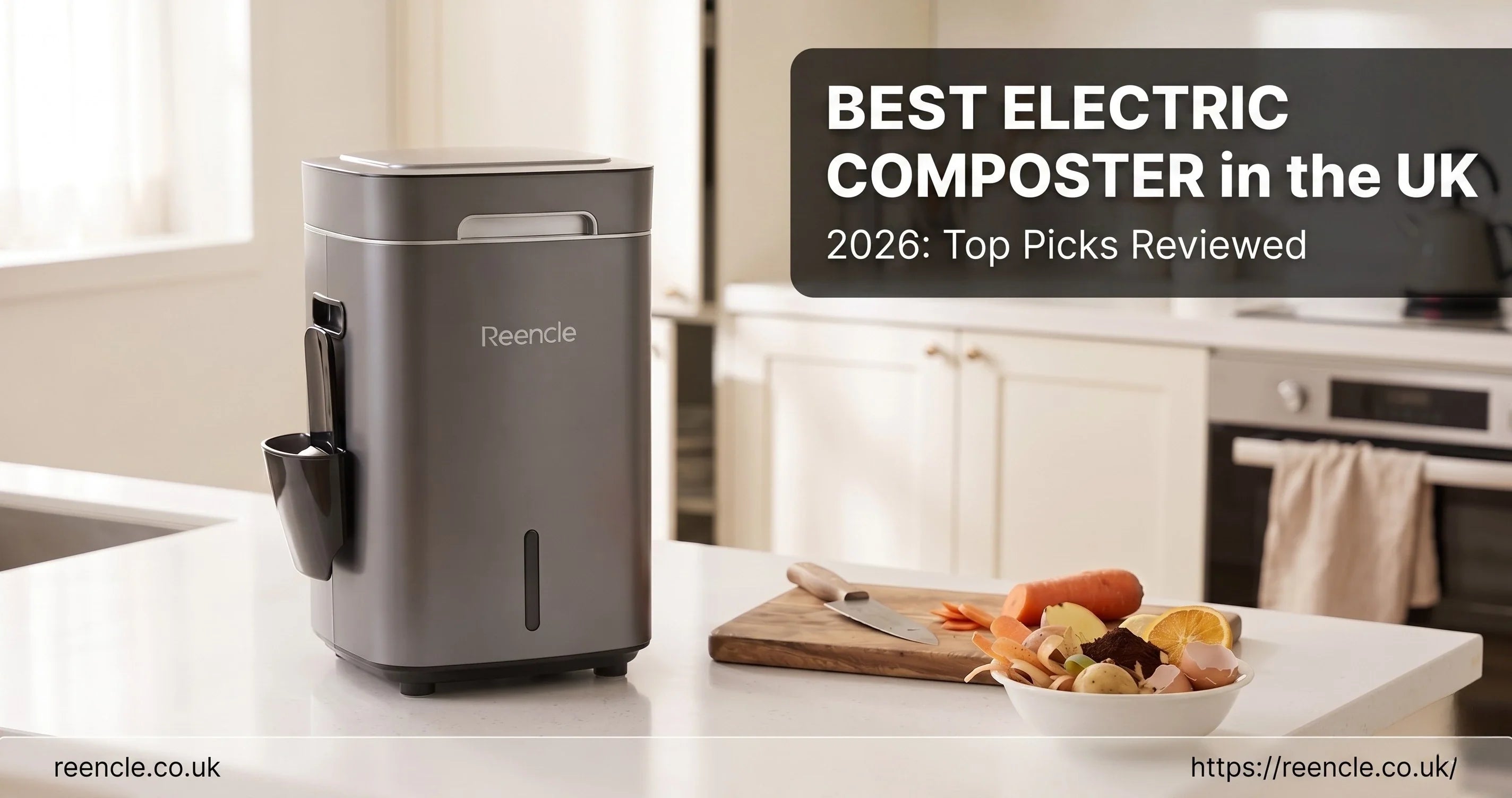 a compact electric composter on a white kitchen worktop next to a chopping board.
