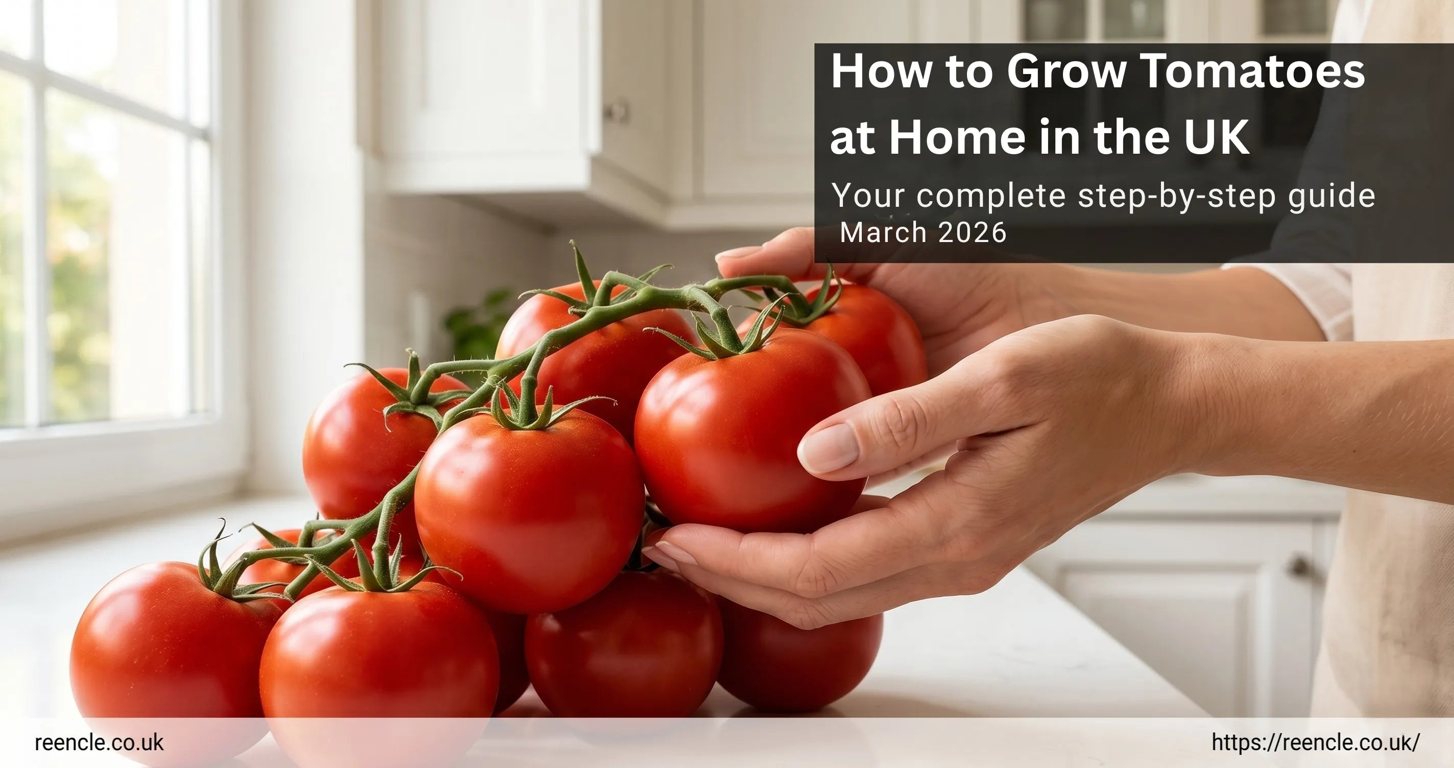Ripe red tomatoes on the vine with bold white text overlay reading How to Grow Tomatoes at Home in the UK on a dark panel top right.