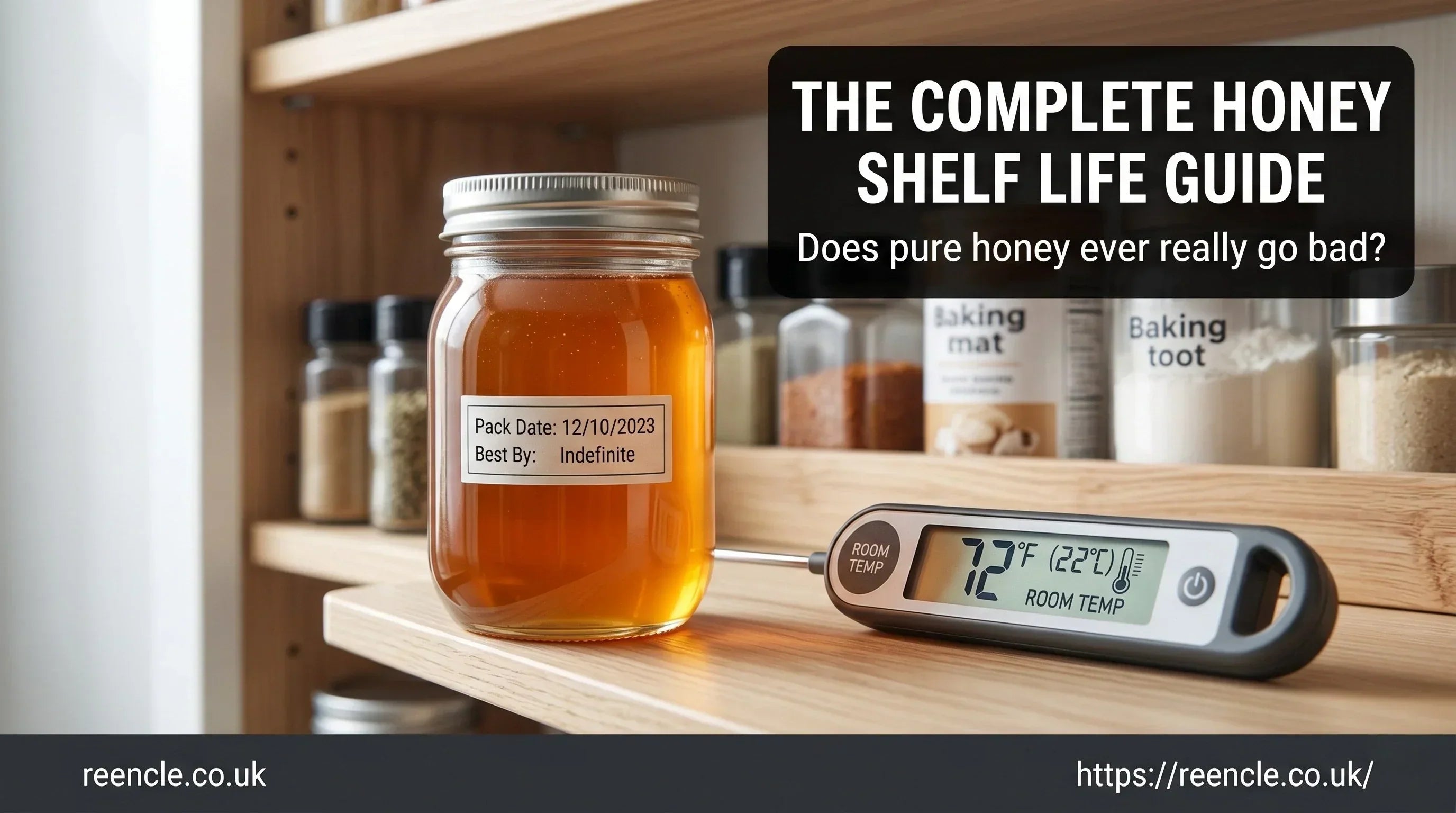 Sealed honey jar on a kitchen shelf with thermometer — The Complete Honey Shelf Life Guide by Reencle