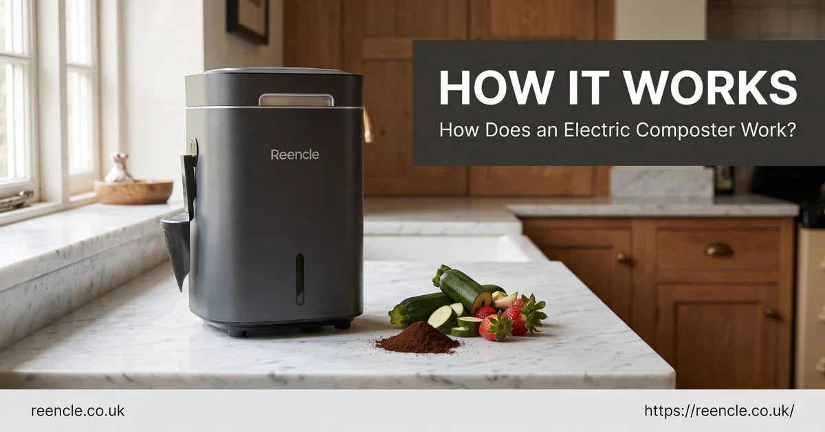 Dark-grey Reencle electric composter on a white kitchen worktop with vegetable scraps — how does an electric composter work