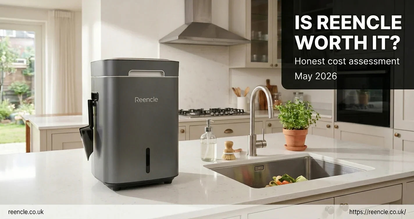 Dark grey Reencle composter on the left side of a white kitchen worktop next to a sink, with a prominent black text overlay box on the right side.