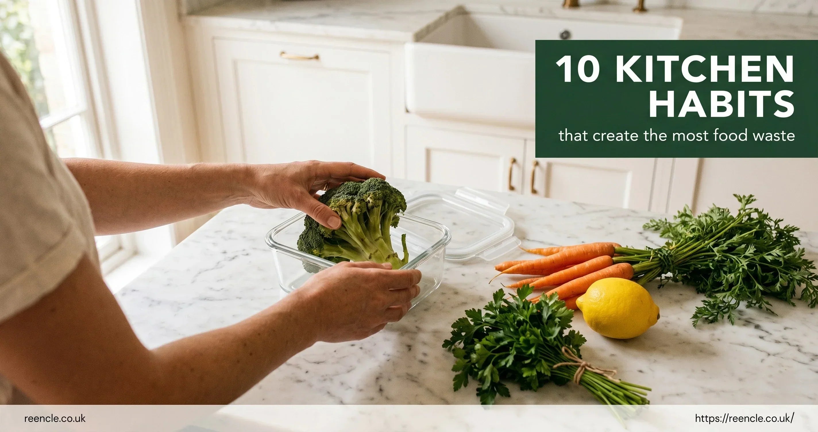 Person's hands moving a half-used vegetable into a clear airtight container on a white kitchen counter with fresh produce nearby.