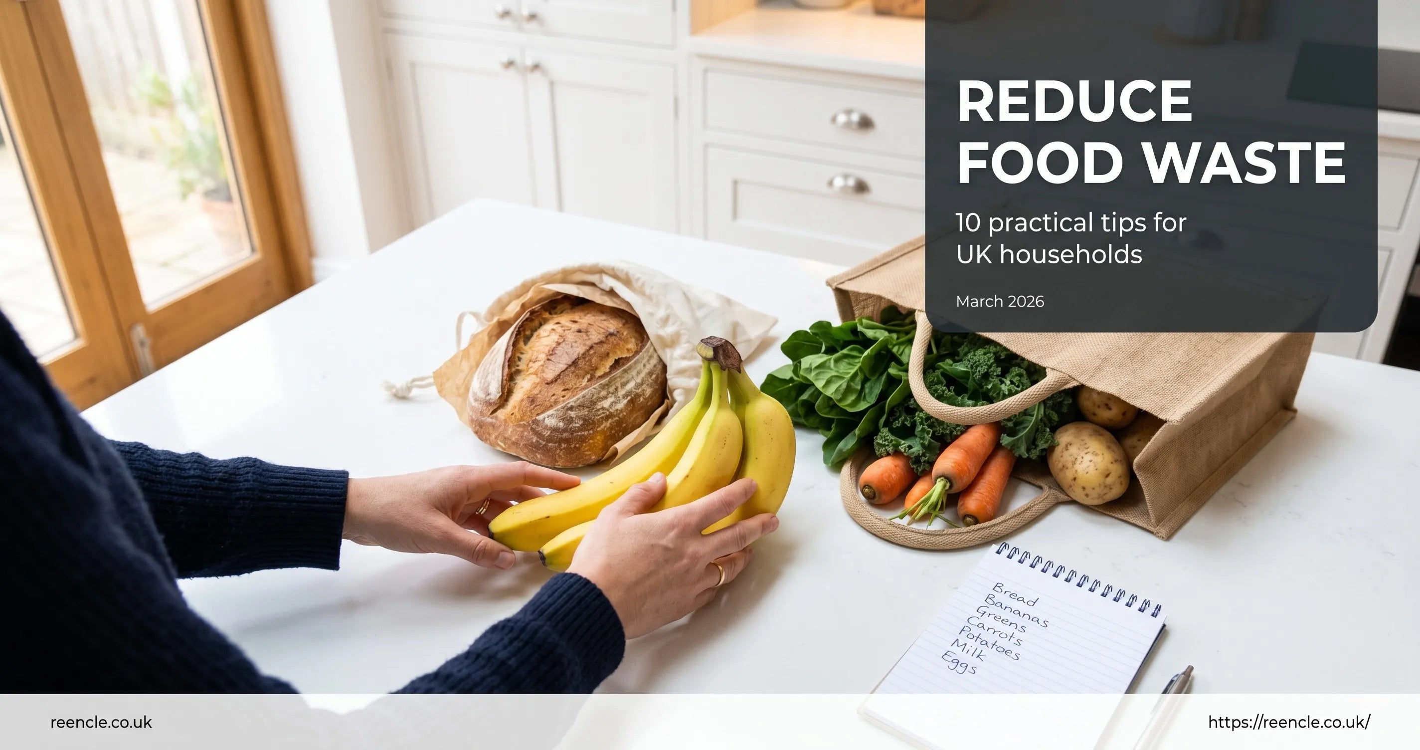 Person's hands unpacking fresh vegetables and fruit onto a white kitchen counter with a handwritten shopping list nearby. **Title attribute:** Reduce food waste at home tips