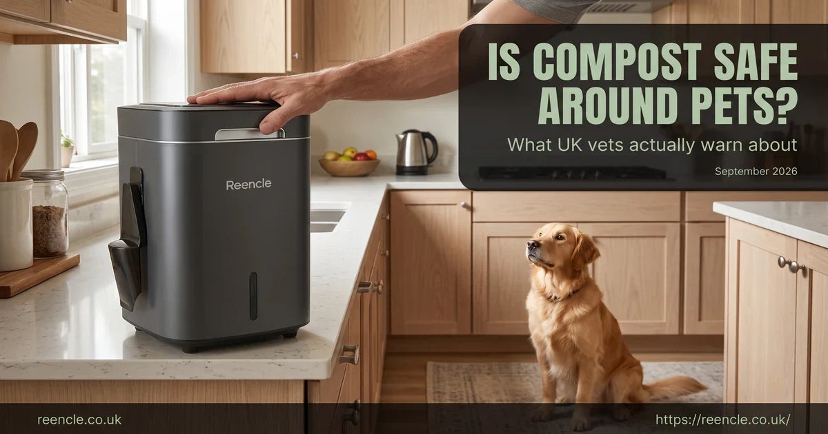Dark grey Reencle composter on a kitchen worktop with a calm dog sitting at a safe distance nearby.