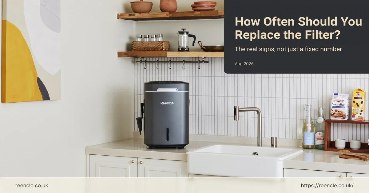 Dark grey Reencle composter on a pale kitchen counter, with the filter replacement question as the overlay headline.