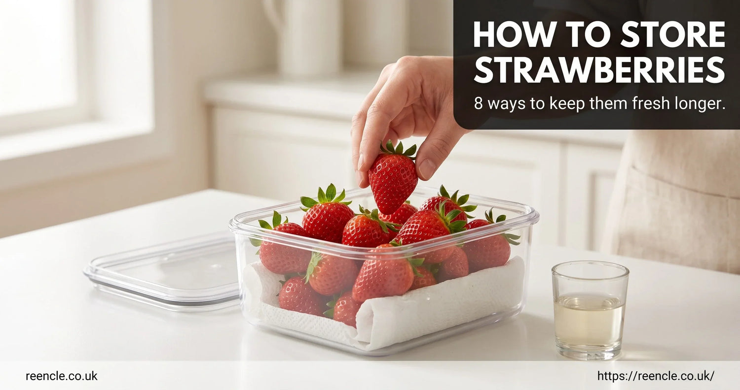 Person's hand placing a fresh strawberry into a clear lidded container lined with kitchen roll on a white kitchen counter, with a small glass of white vinegar beside it