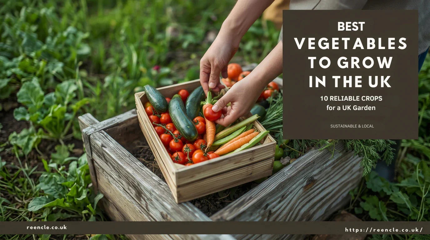 Person's hands placing freshly harvested courgettes, tomatoes and carrots into a wooden trug on a garden raised bed.