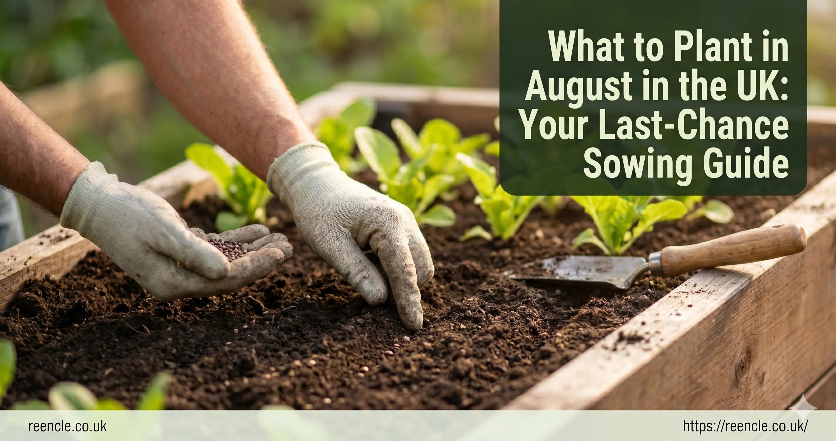Person's hands pressing seeds into dark soil in a garden bed with kale seedlings and a trowel visible in the background on a bright late-summer day.