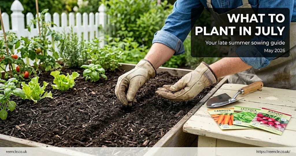 Gardener sowing July seeds into warm soil for autumn harvests in a UK vegetable garden